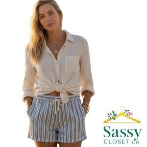 Ralph Lauren Blue White Striped High Waist Resort Shorts Cotton Pull‑On Size M